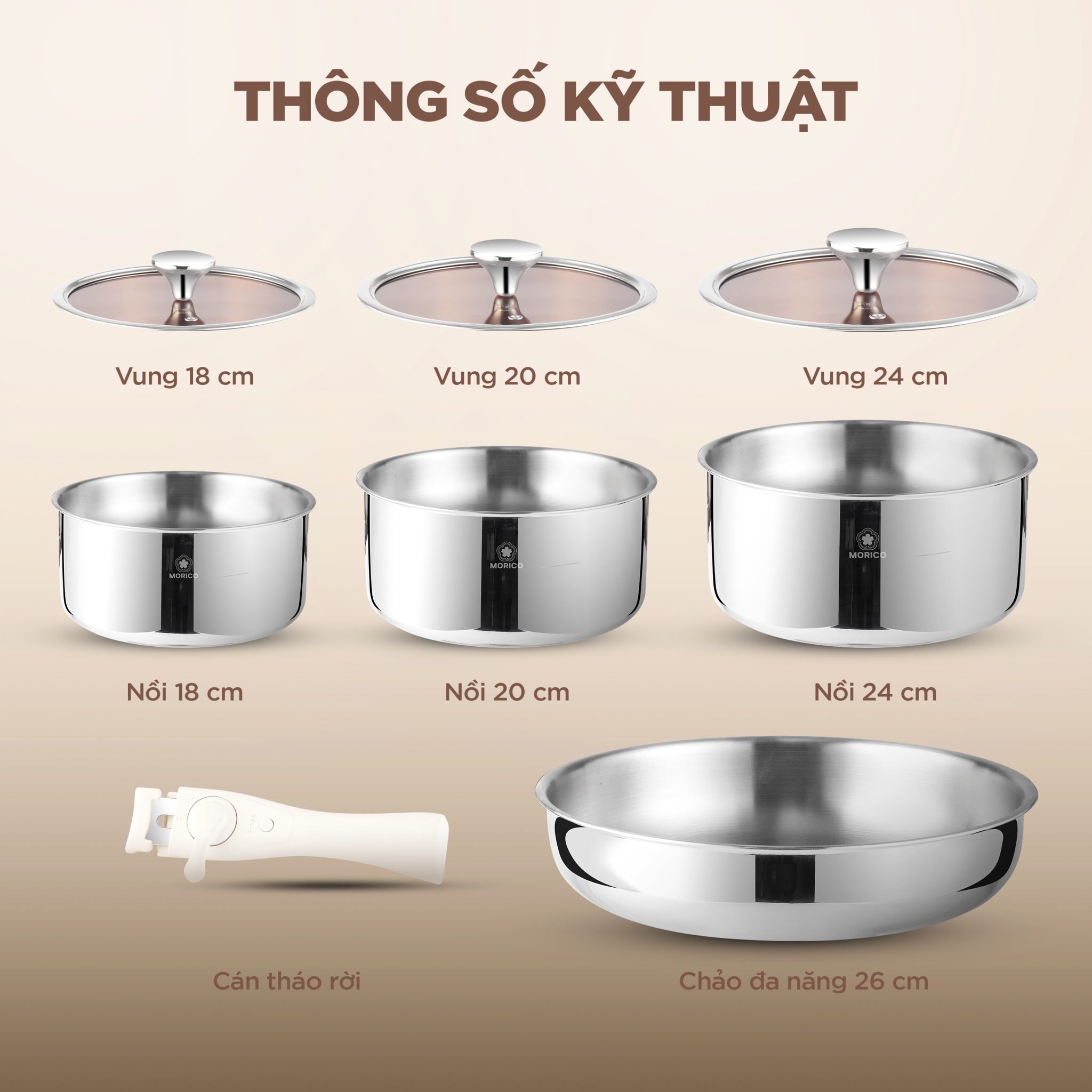Bộ Nồi INOX 304 Cán Rời 8 Món Morico MC809 - Morico Việt Nam
